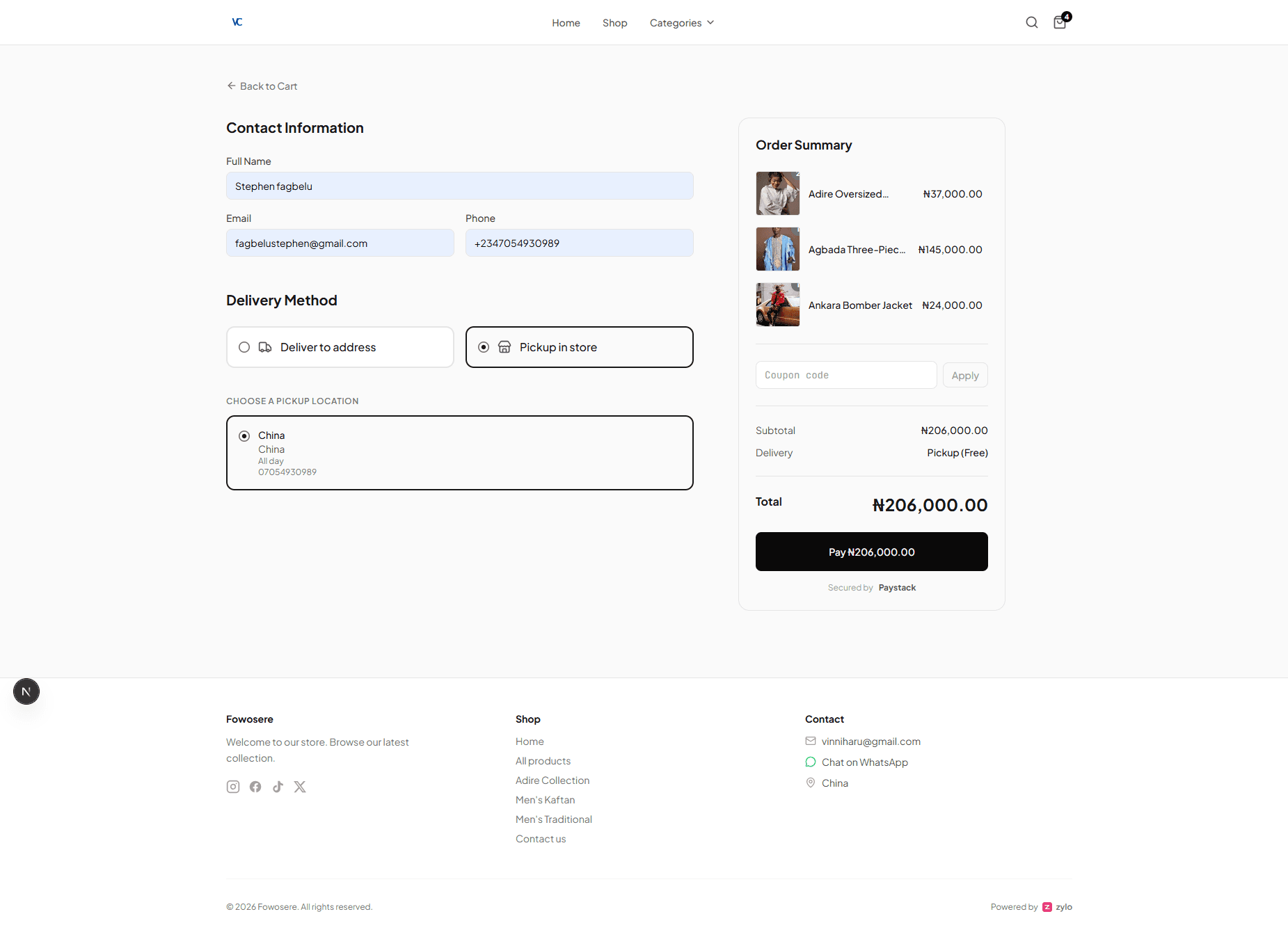 Zylo checkout page — contact information and delivery method on the left, itemised order summary with a Pay button on the right.