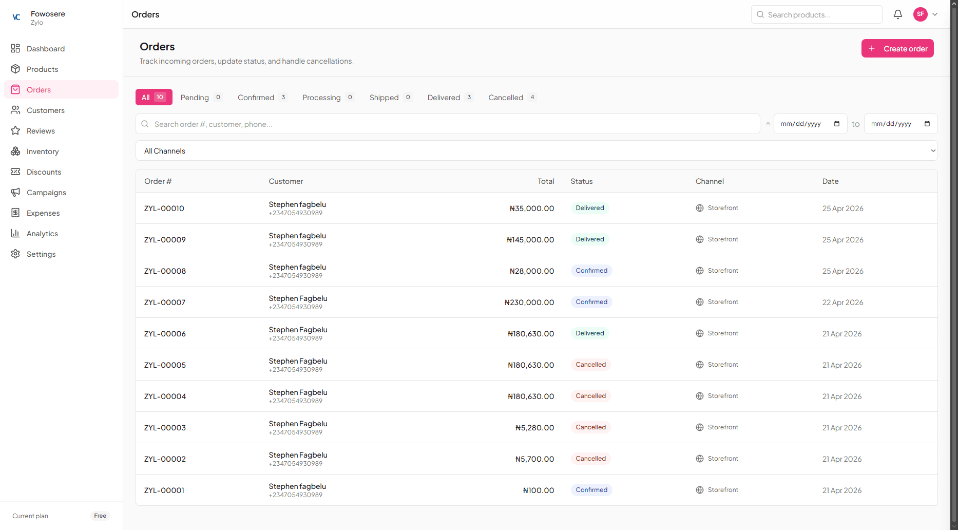 Orders page — channel and status filters, search, and rows showing order number, customer, channel icon, total, and status badge.